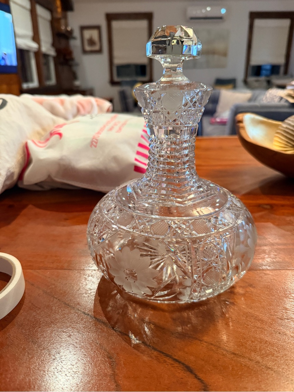Vintage Cut Crystal Decanter w Faceted Stopper Floral Hobstar Starburst